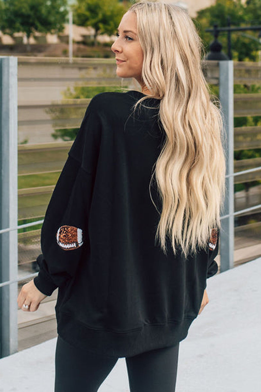 Black Sequin Rugby Graphic Pullover Sweatshirt