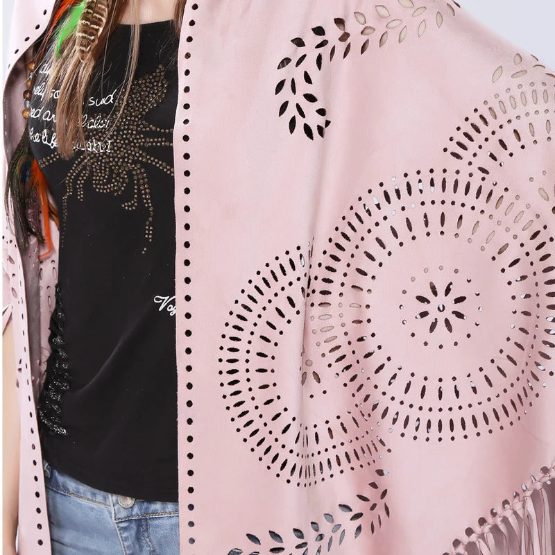 Women's Loose Suede Fringe Open Poncho Cloak Shawl Wrap with Punch Hole Patterns and Graceful Fringes Dropshipping