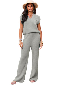 Gray Knitted V Neck Sweater and Casual Pants Set