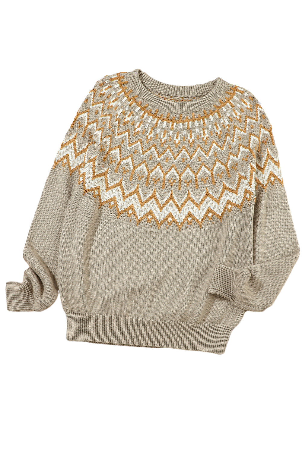 Gray Geometric Pattern Ribbed Round Neck Sweater