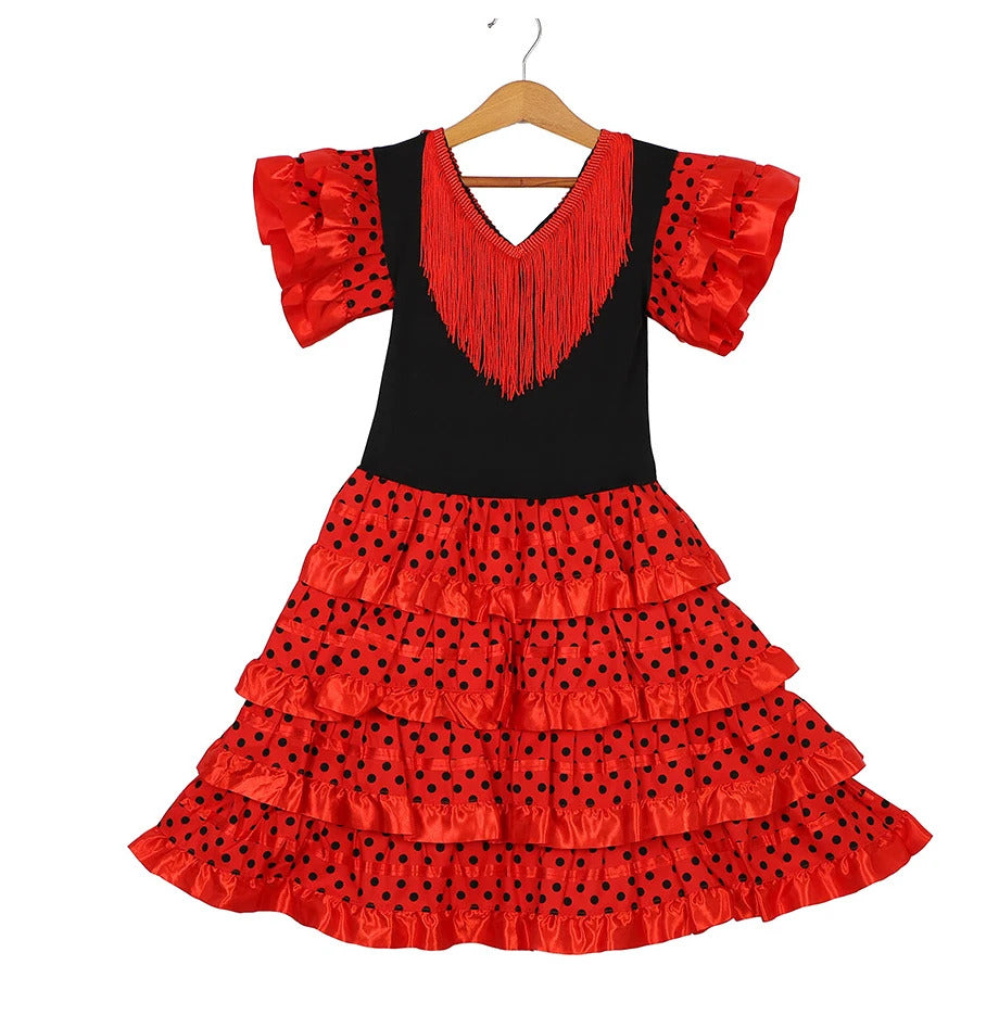 Dress Women 2024 Europe America Short Sleeve Midi Dress Traditional Spanish Dance Dress For Girls Festival Tassel Dot Dress