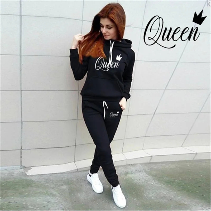 Hot women's 2-piece QUEEN print sports suit sportswear jogging suit women's hooded sportswear suit clothes hoodie+sweatpants