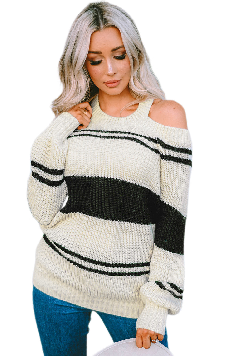 Black Striped Cold Shoulder Knit Sweater