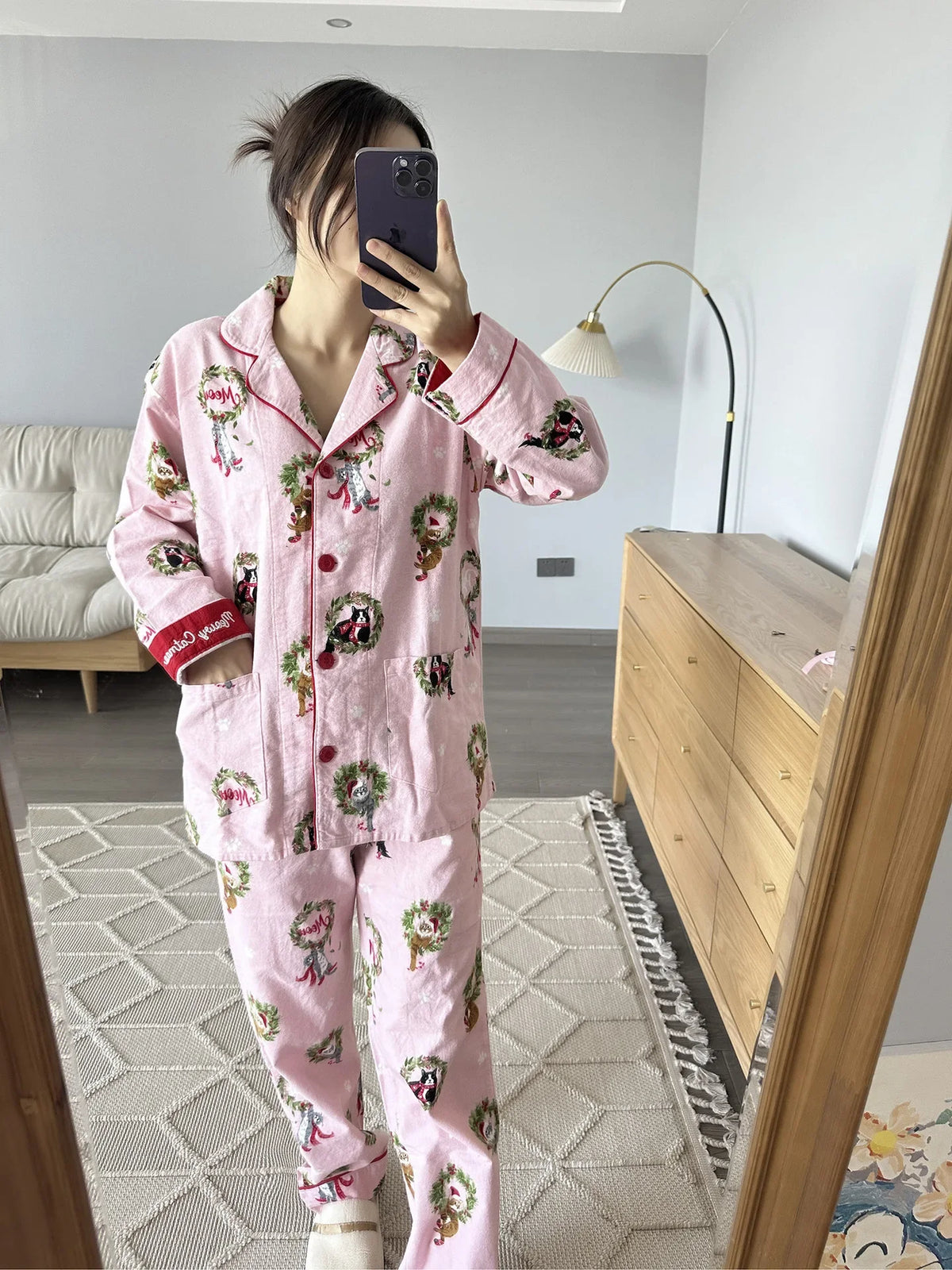 100% Cotton Pajamas for Women Loose Cartoon Long Sleeve Pants Loungewear Women 2 Piece Set Pj Women Outfit Sleepwear Set Pijamas