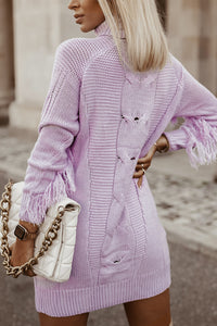 Purple Twist Fringe Casual High Neck Sweater Dress