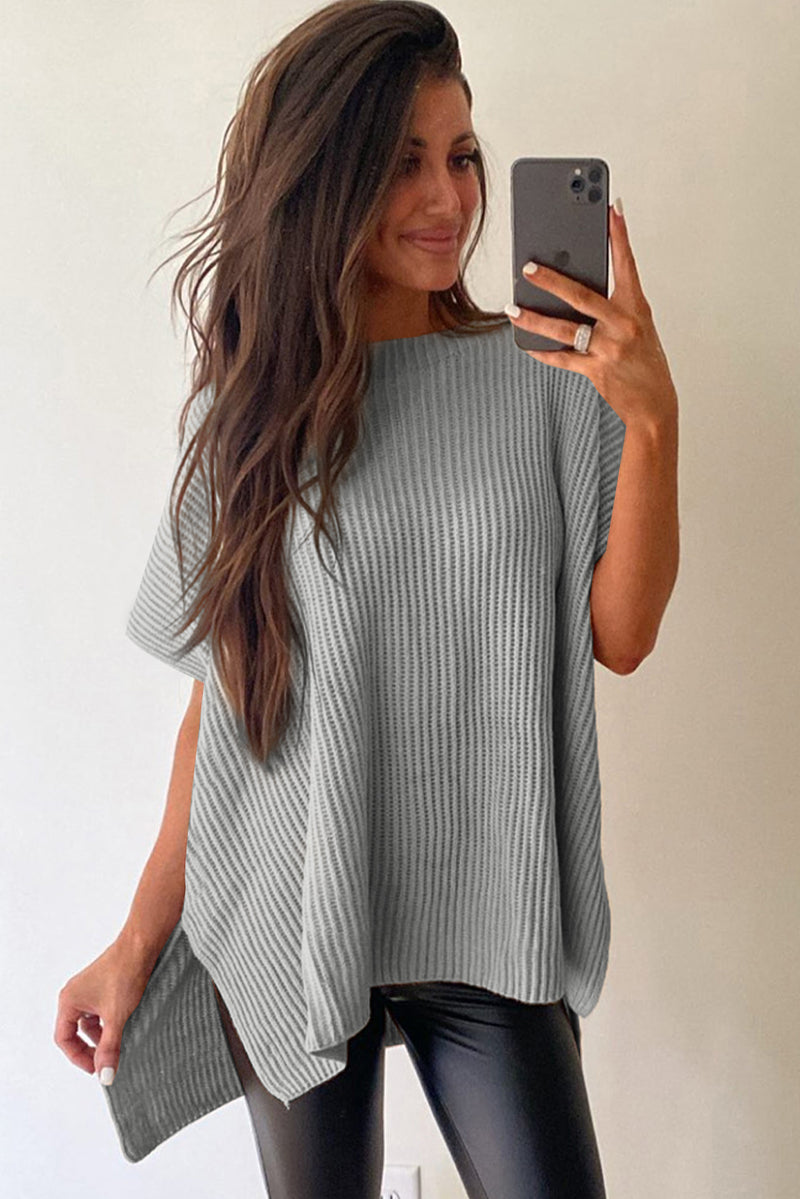 Gray Short Sleeve Side Slit Oversized Sweater