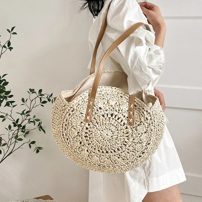 Summer Round Straw Women Vacation Woven Beach Shoulder Bag Large Capacity Hollow Out Simple Tote Bag