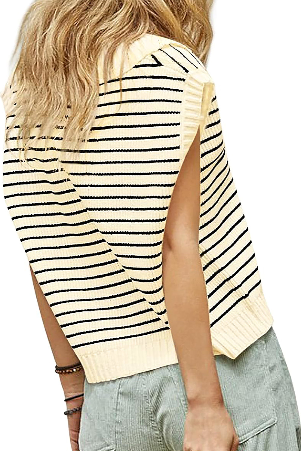 Beige Stripe Turn-down V Neck Sweater Tank Top