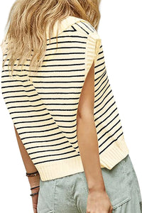 Beige Stripe Turn-down V Neck Sweater Tank Top