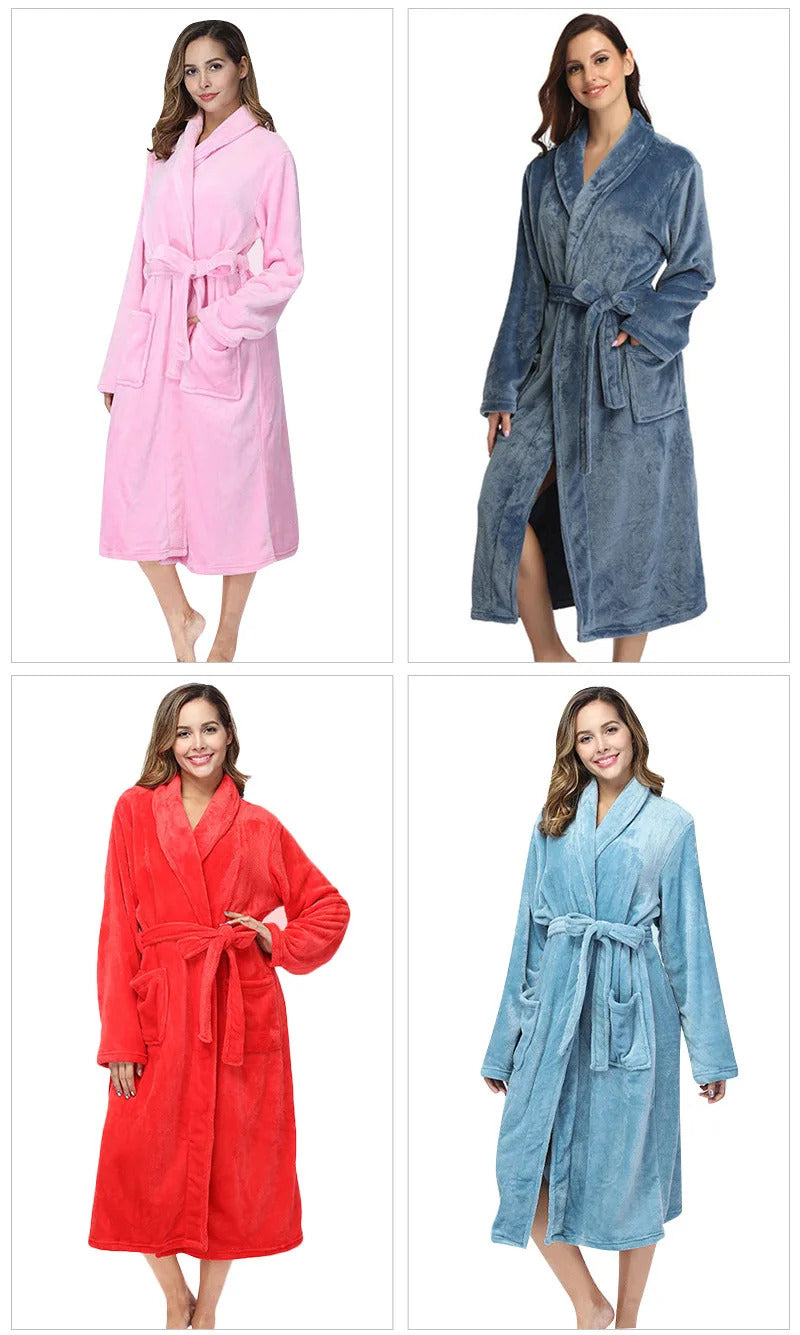 RONGTAI Women's solid color lapel bathrobe autumn and winter models facecloth warm and comfortable long-sleeved robe homewear