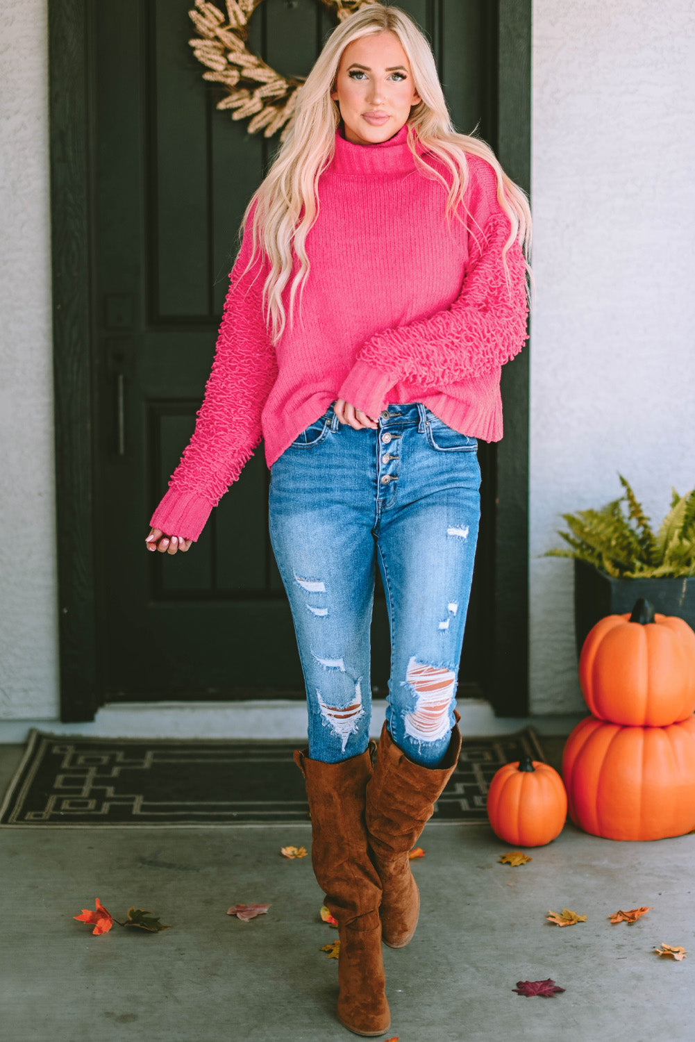 Pink Ribbed Turtleneck Fuzzy Sleeve Knit Sweater