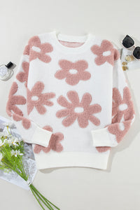 White Textured Flower Drop Shoulder Loose Sweater