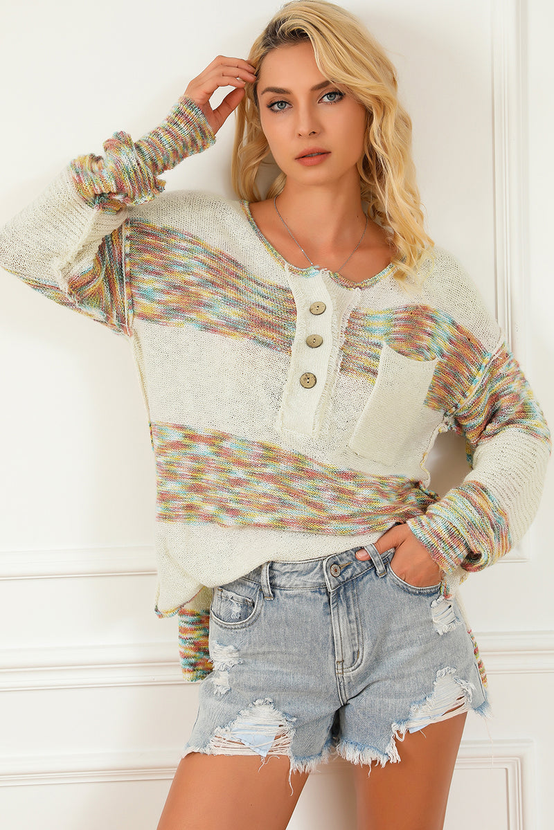 Multicolor Space Dye Henley Knit Sweater