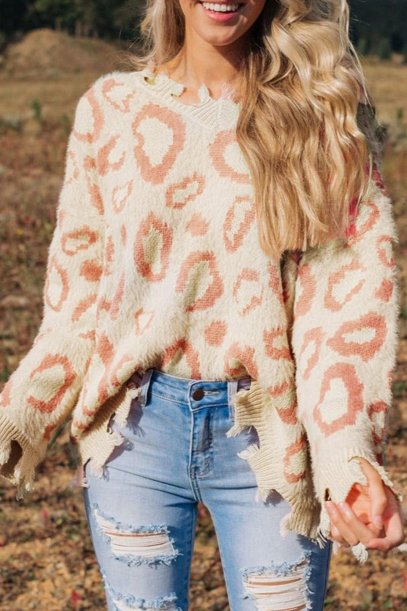 Leopard Animal Print Distressed Trim Fuzzy Sweater