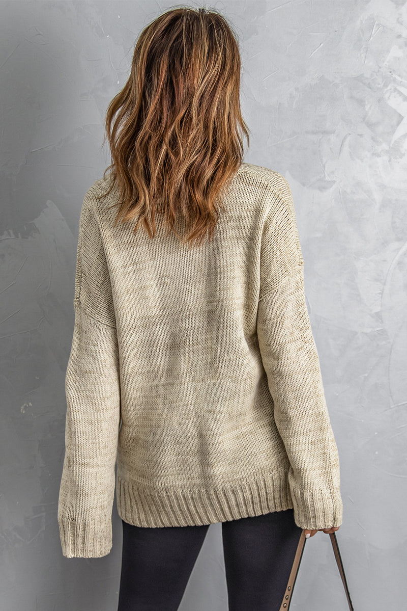 Khaki V neck Drop Shoulder Knitted Sweater