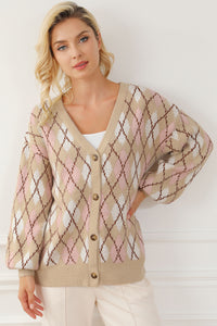 Multicolour Rhombus Pattern Knit Sweater Cardigan