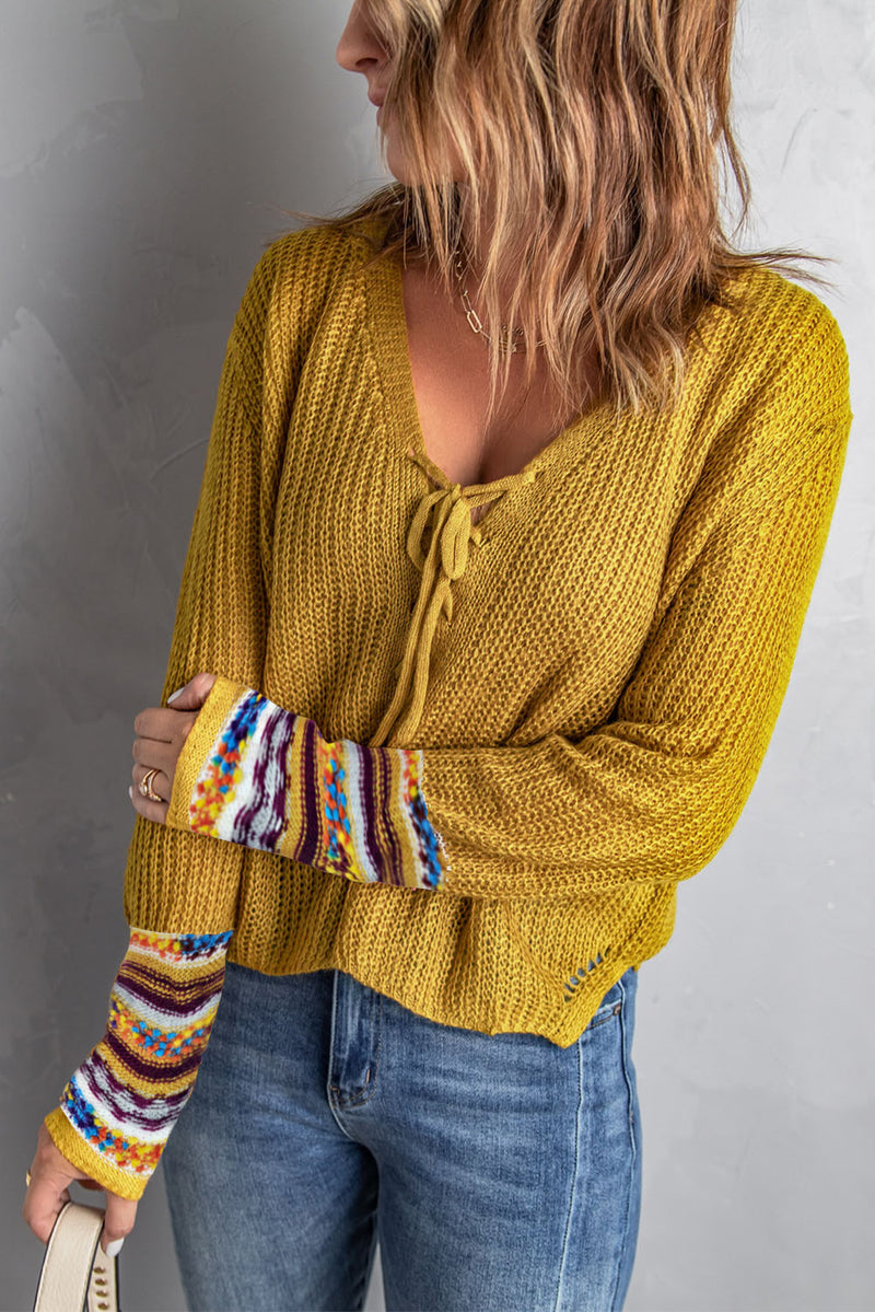 Yellow Lace up V Neck Knit Sweater