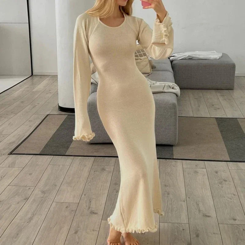 Elegant Solid Ruffles Knitted Dress For Women Loose O Neck Long Trumpet Sleeve Maxi Dresses 2024 New Female White Knitwear