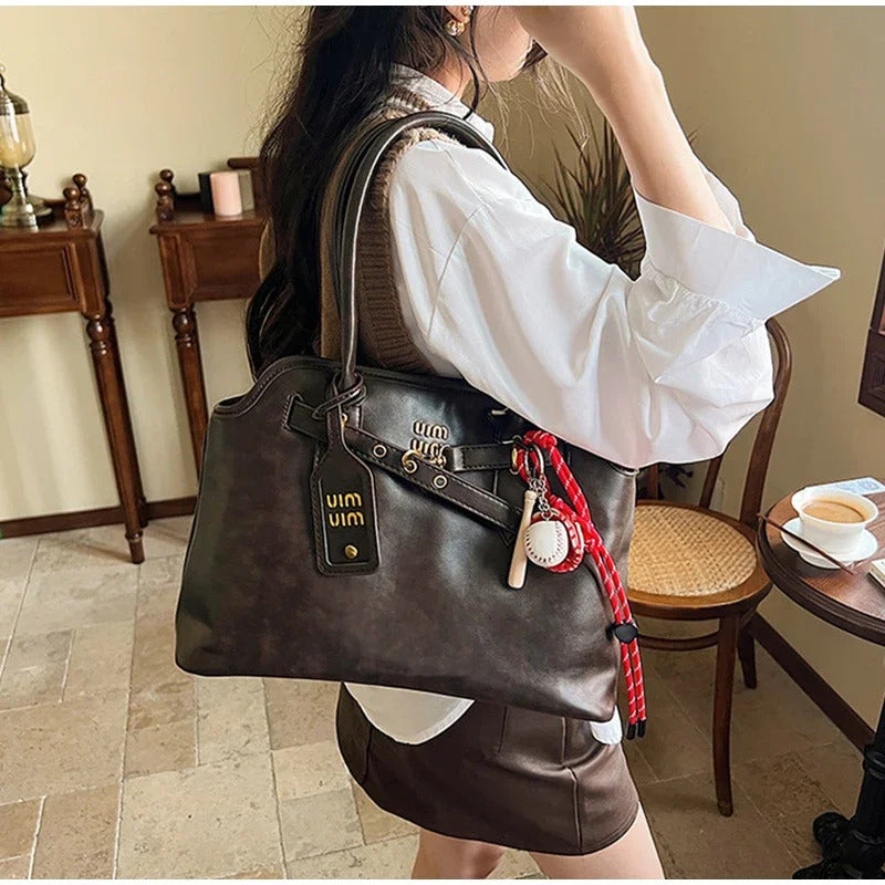 Women's Retro Brown Shell Bag Popular Large Capacity Multiple Compartments Briefcase High Quality Fashion Shoulder Tote Bag