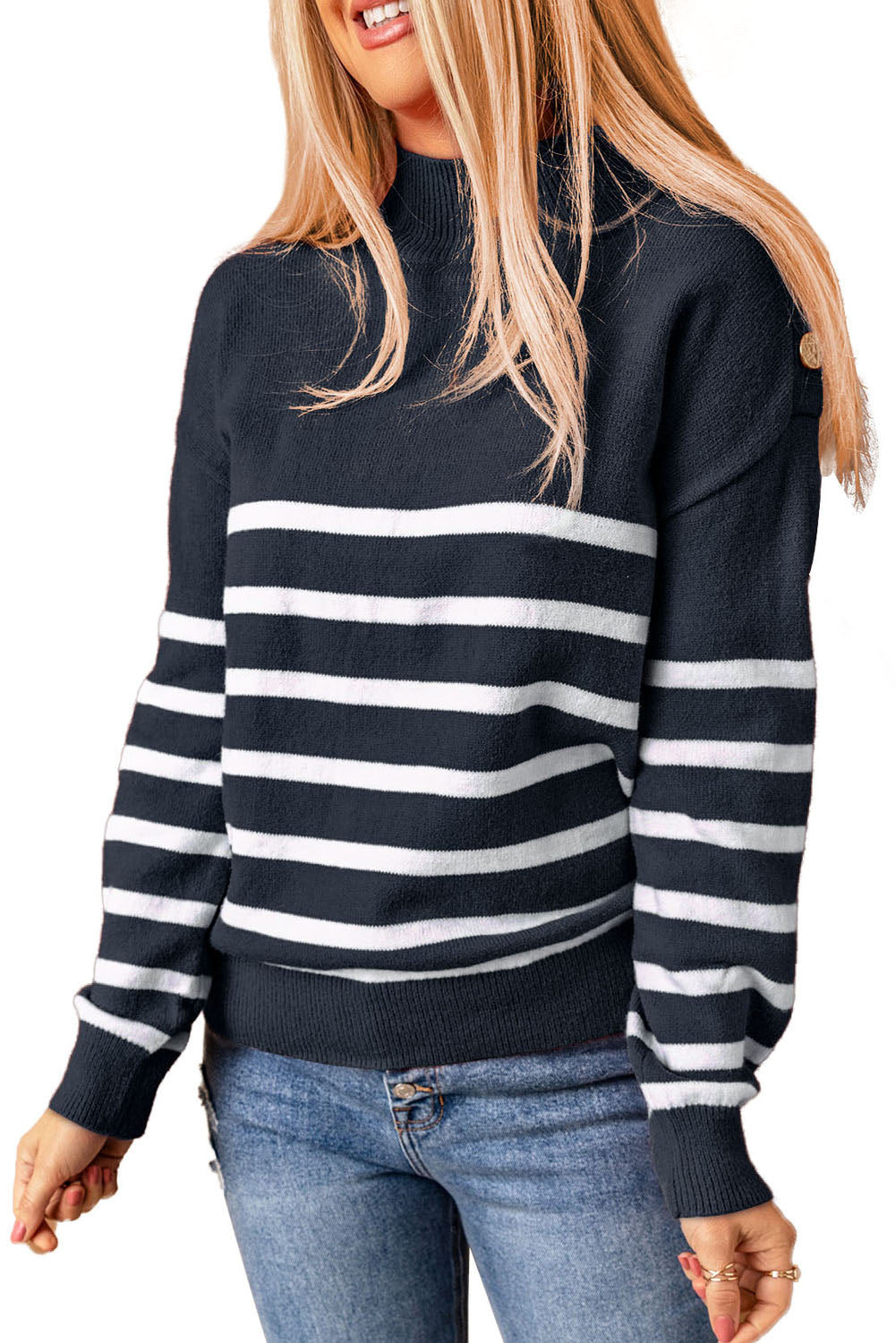 Blue Striped Turtleneck Long Sleeve Sweater with Buttons