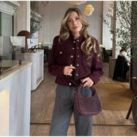 Elegant Women's Burgundy Cropped Jacket Female Stand Collar Single Breasted Full Sleeve Pocket Coat 2024 Autumn Lady Outwear New