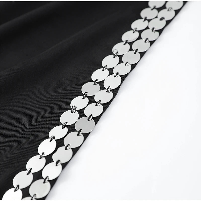 Fashion Round Neck Sequin Shoulder Pad Black Long Dress Sexy High Slit Hollow Out Women's Dresses New Evening Party Prom Robes