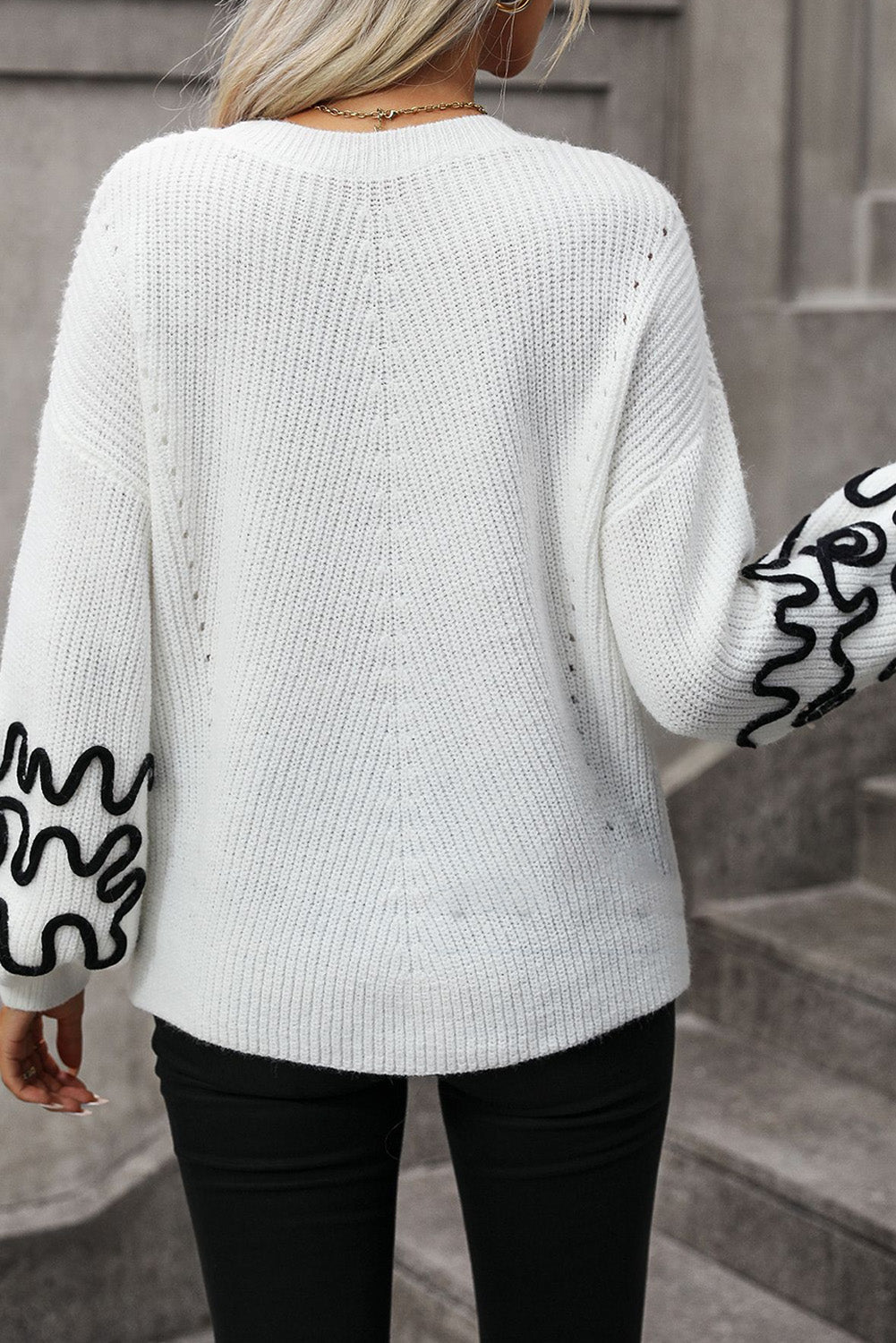 White Abstract Crochet Bubble Sleeve Loose Sweater