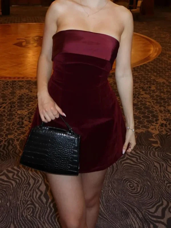 Elegant Burgundy Sleeveless Slash Neck Mini Dress Sexy Slim Backless A Line Dresses 2024 Evening Christmas New Year Party Skirt