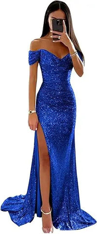 Chic and Elegant Women Evening Maxi Dresses 2024 Off-Shoulder Sequin Mermaid Prom Formal Gowns For Party Split Night Dress