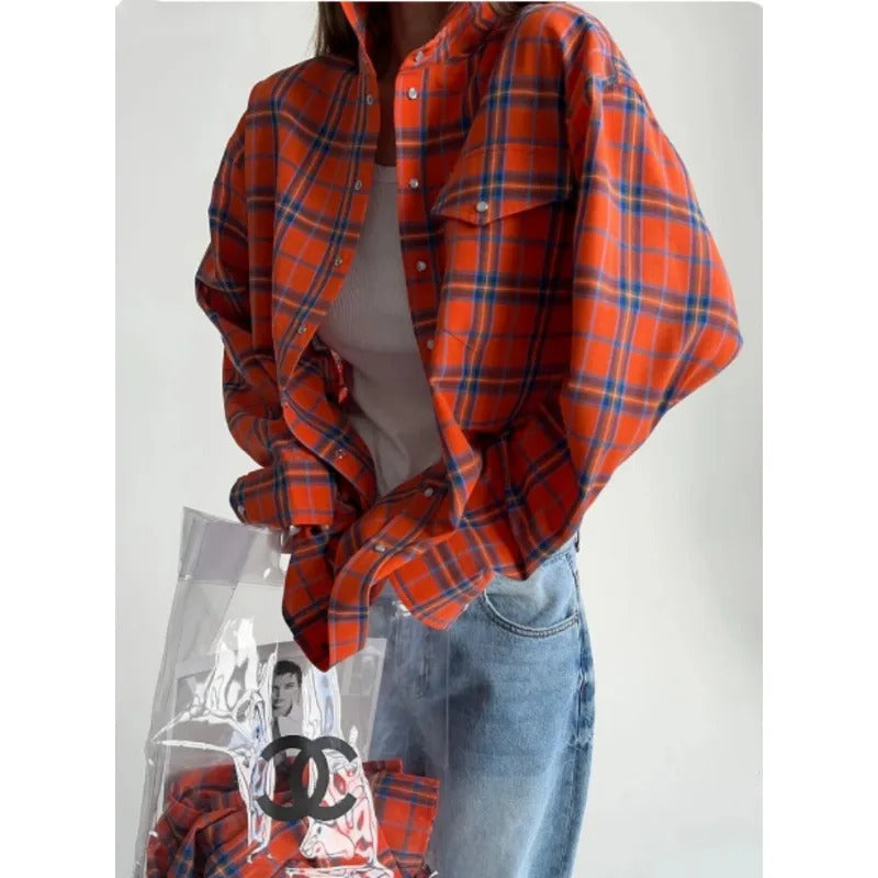 Clacive Fashion Baggy Plaid Women'S Blouse Elegant Lapel Long Sleeve Shirts And Blouses Vintage Pocket Lace-Up Top Female