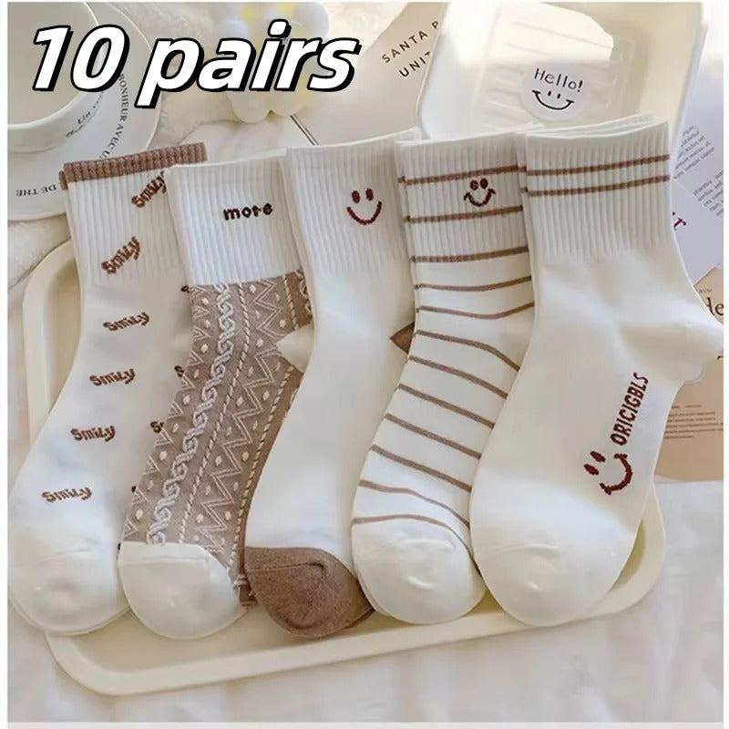 10 Pairs Women Cartoon Patterned Socks Trendy And Fashionable Versatile Socks Lightweight Breathable Comfortable Casual Socks