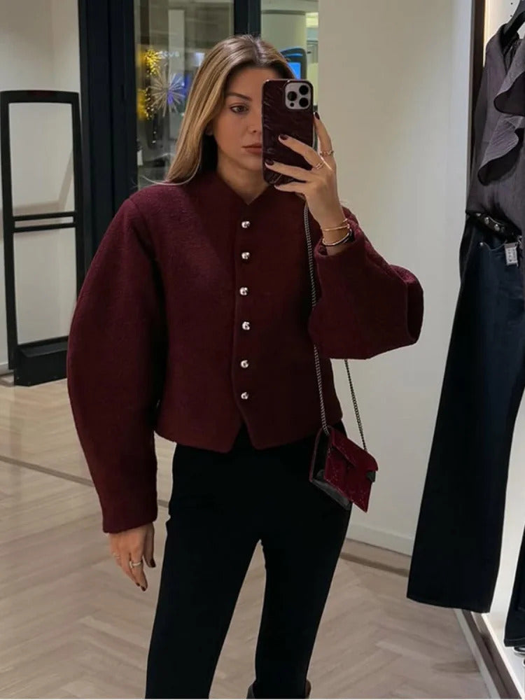 Burgundy Red Round Neck Woolen Coat Causal Single Breasted Long Sleeve Short Jackets 2025 Spring Autumn Lady Highstreet Outwear