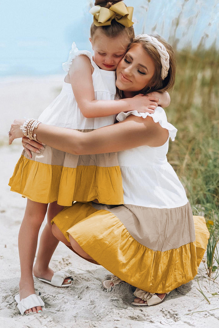 Yellow Colorblock Flutter Sleeve Casual Dress