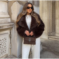 Coffee Faux Fur Short Coat Women Fluffy Lapel Long Sleeve Warm Thick Loose Jacket 2024 Fashion Winter Lady High Street Outwear