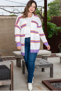 Beige Plus Size Striped Dropped Shoulder Sweater Cardigan