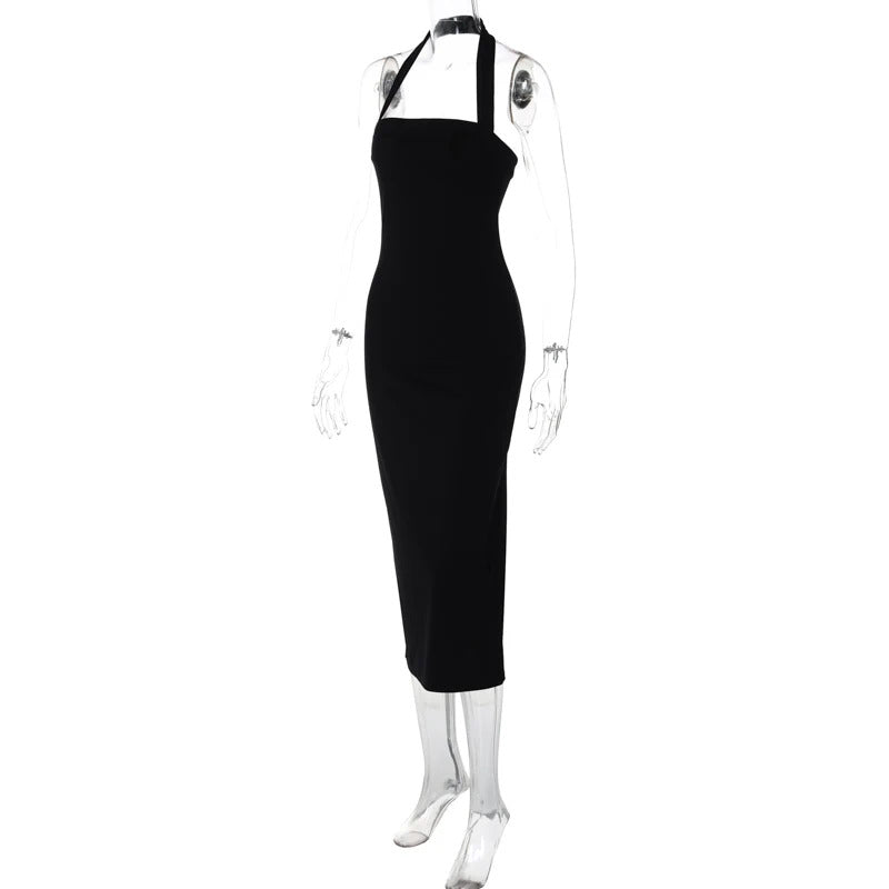 Hugcitar 2024 Elegant Halter Black Backless Sexy Bodycon Maxi Prom Dress Summer Women Y2K Clothes Wedding Birthday Party