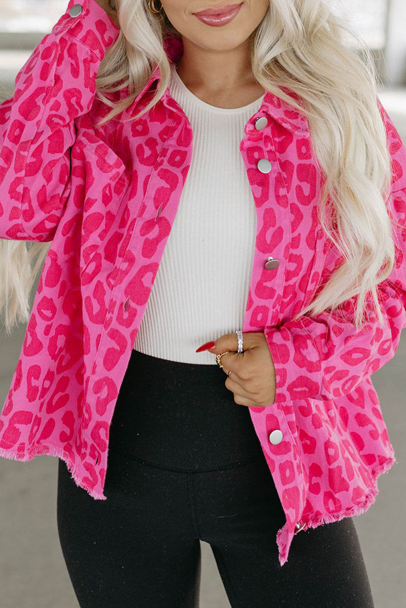 Pink Leopard Print Button Cuffs Raw Hem Jacket