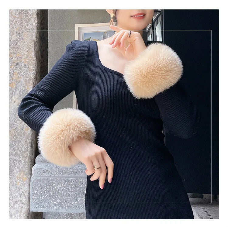 Natural Fox Fur Cuffs Wrist Arm Warmer Women Jacket Coat Sleeve Fur Triming Ladies Bracelet Real Fur Wristand Glove Snap Ring