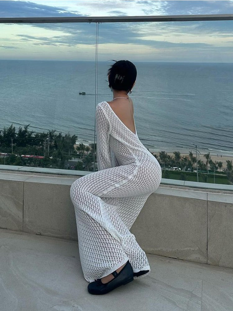 Tossy White Knit Fashion Cover up Maxi Dress Female See-Through V-Neck Hollow Out Beach Holiday Dress Knitwear Backless Dress