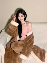 Women's Autumn Winter New Coral Velvet Sleepwear V-neck Thickened Warm Fleece Robe De Maison Luxury Home Suit