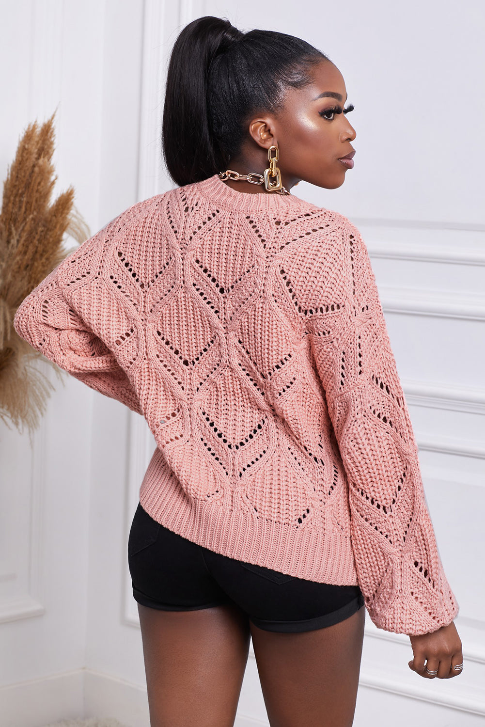 Pink Crewneck Balloon Sleeve Textured Knit Sweater