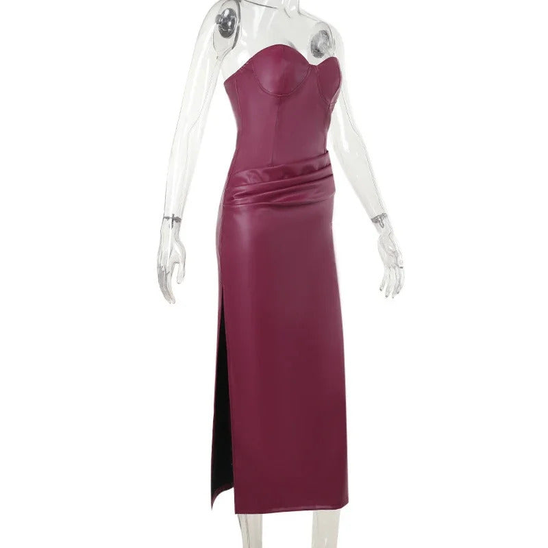 Sexy Burgundy Pu Leather Maxi Dresses Women Strapless Backless Bandage Sleeveless Pleated Hip Package Party Dress New Split Robe