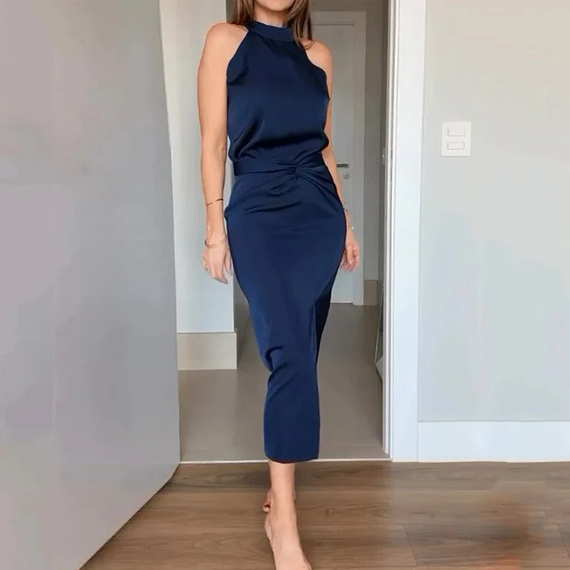 Wefads 2 Piece Set Women Summer Elegant Fashion Solid Round Neck Sleeveless Top A Line Twisted Pleated Slit Slim Long Skirts Set