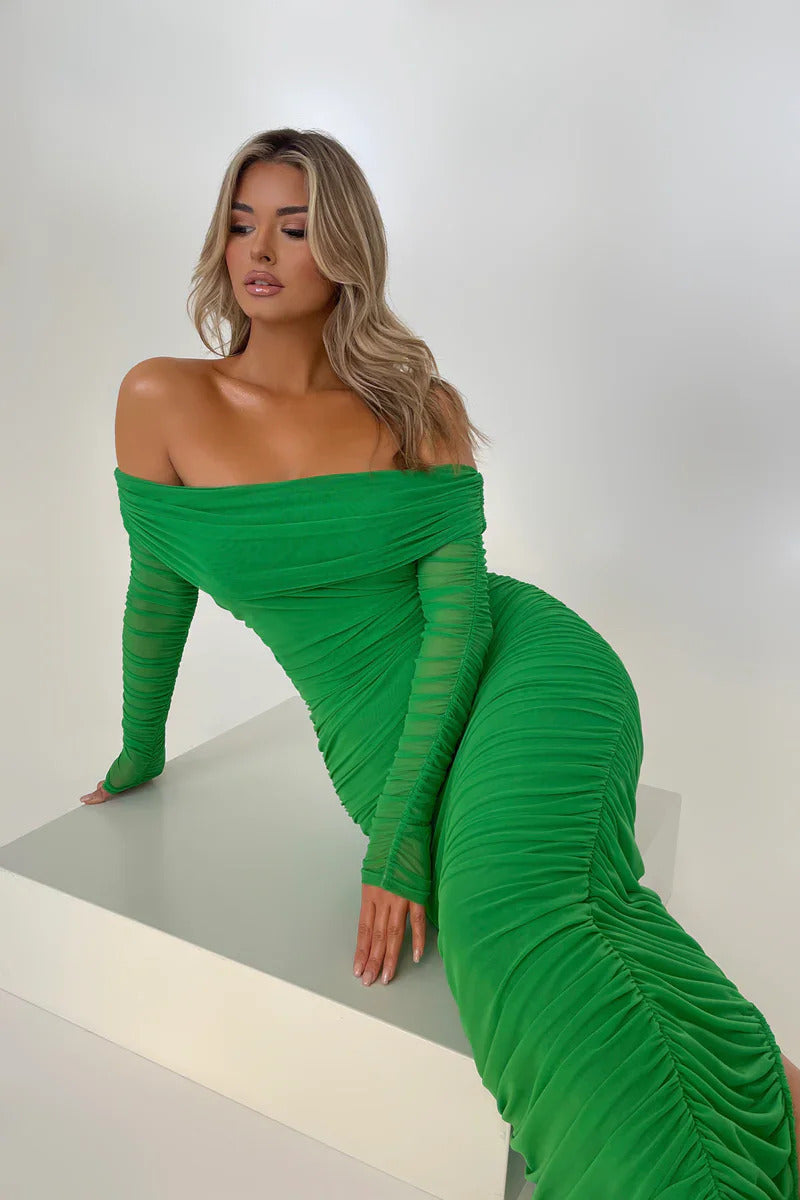 Mozision Off-shoulder Long Sleeve Sexy Maxi Dress For Women Autumn New Strapless Backless Bodycon Ruched Party Long Dress