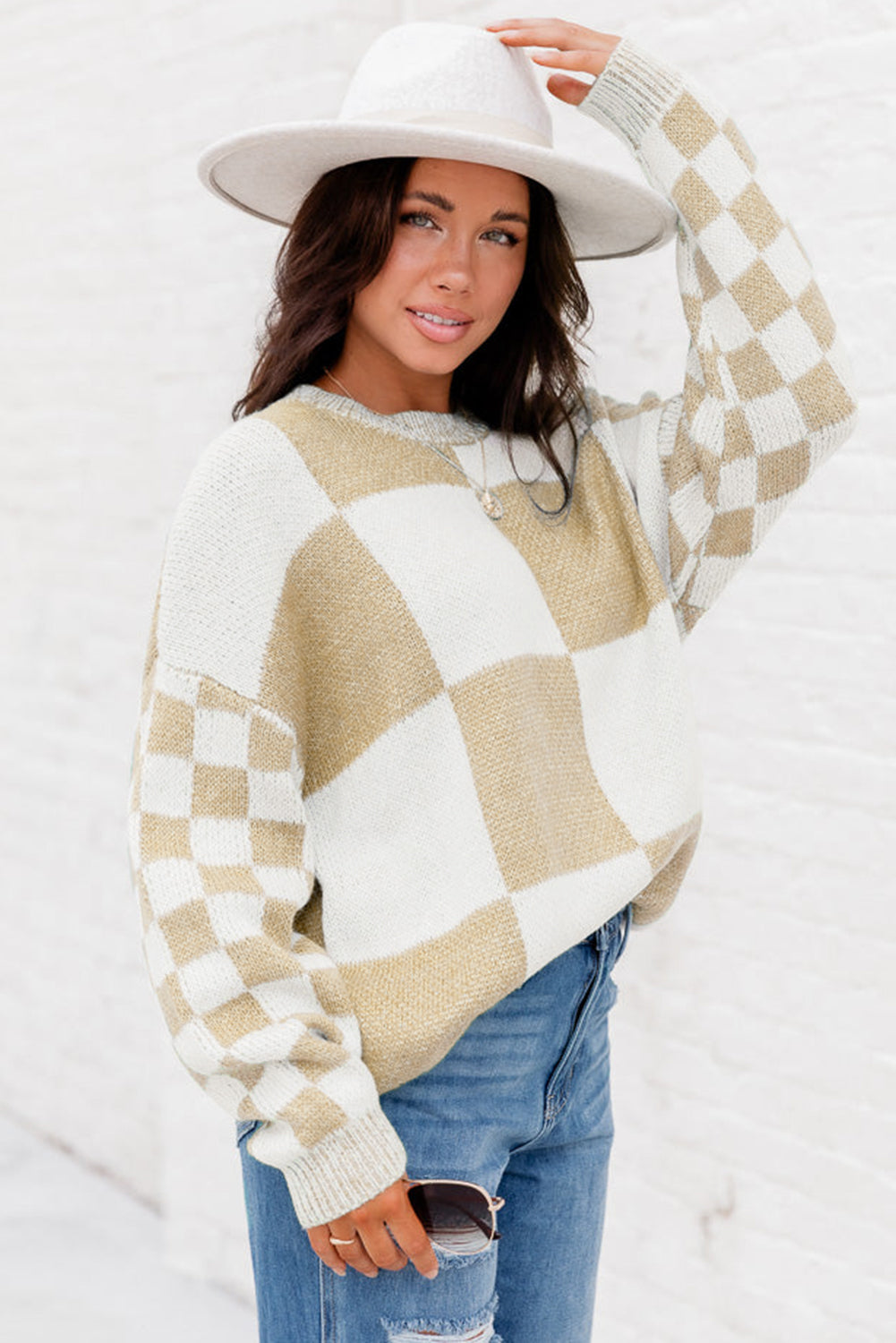 Flaxen Checkered Print Drop Shoulder Sweater