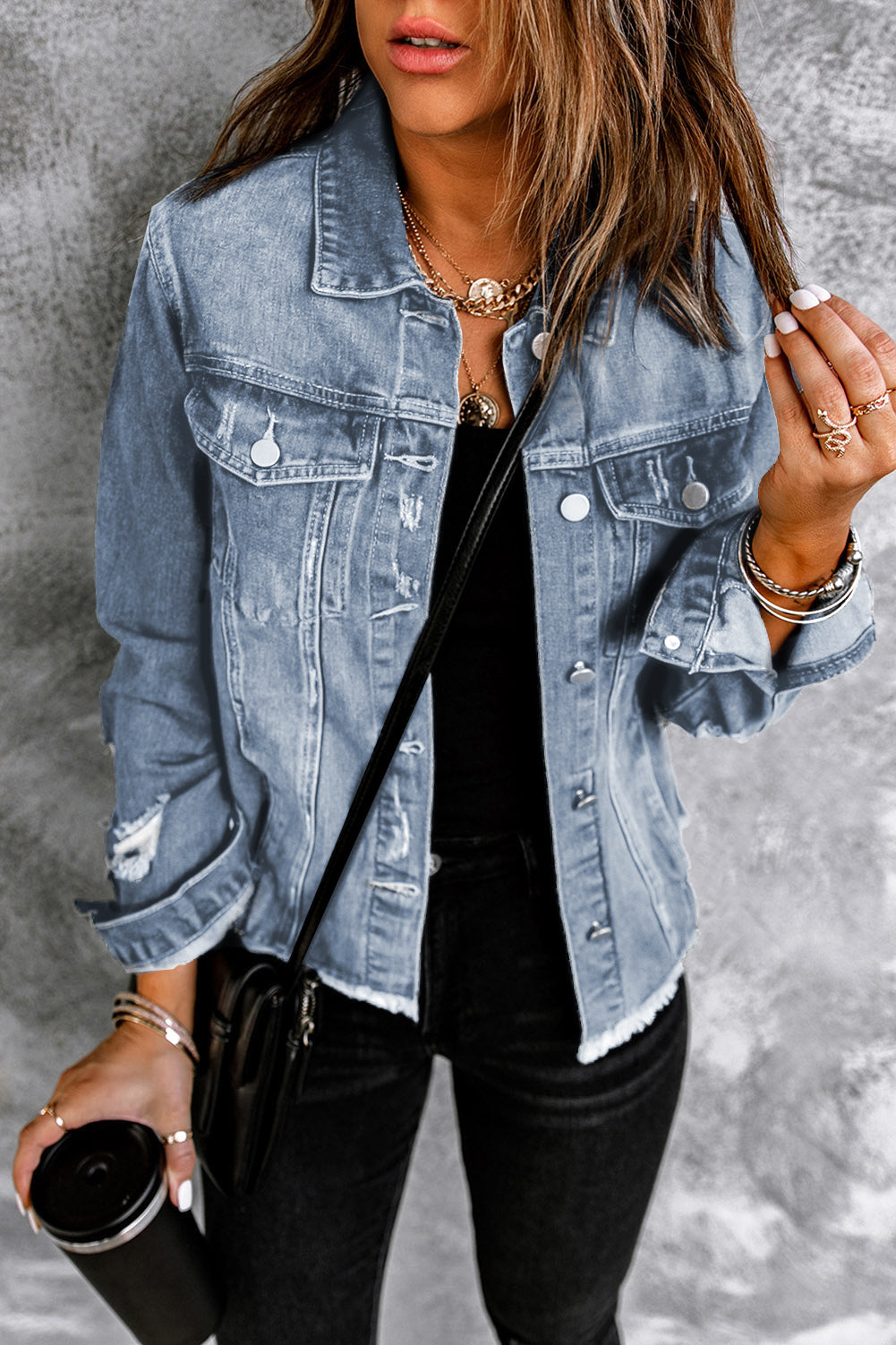 Blue Lapel Distressed Raw Hem Buttons Denim Jacket