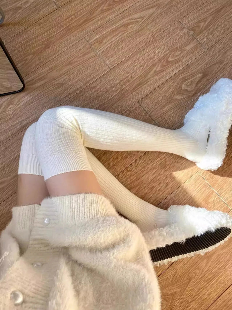 Wool Socks Woman Autumn/Winter Solid Color Thigh High Medias Lolita Thick Warm Stockings Black White Long Leg Socks for Female