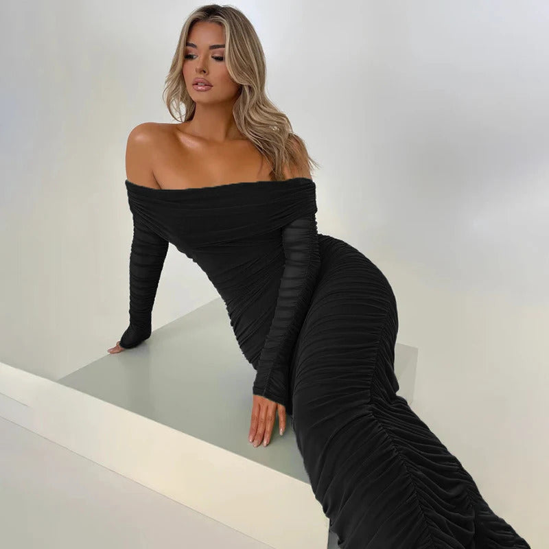 Mozision Off-shoulder Long Sleeve Sexy Maxi Dress For Women Autumn New Strapless Backless Bodycon Ruched Party Long Dress