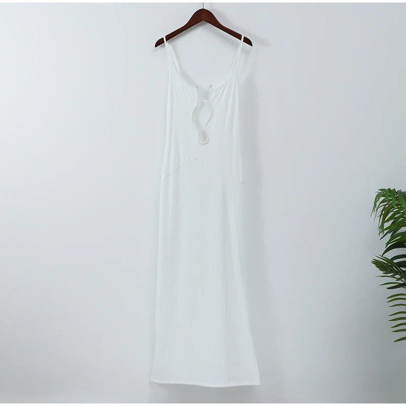 Elegant Cut Out White Long Dress For Women Fashion Patchwork Pleated Backless Sling Dresses Lady summer New Holiday Beach Robes