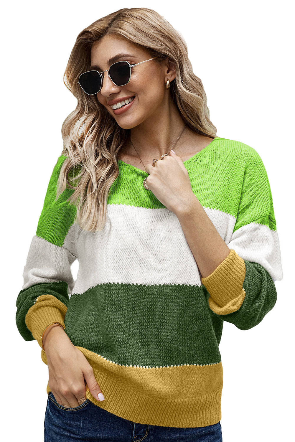 Green Pullover Colorblock Winter Sweater